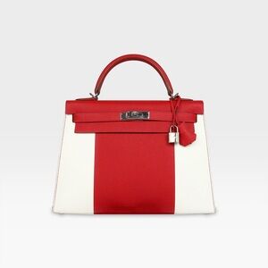 Hermès  Kelly Sellier 32 Flag - Rouge Casaque & White Epsom